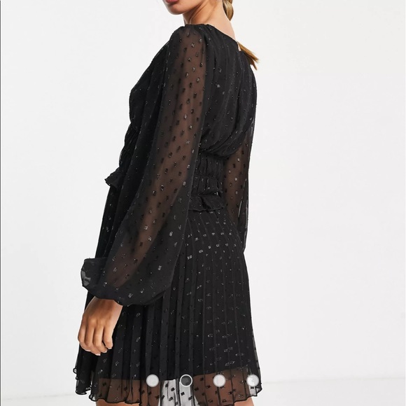 ASOS DESIGN button through ruched waist pleated mini dress in metallic texture - Picture 3 of 5